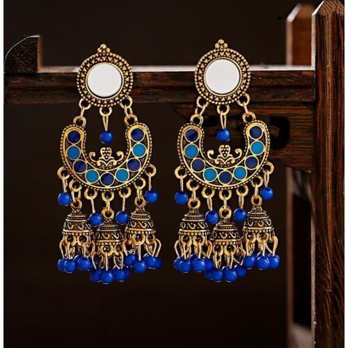 Ethnic Classical Womens Blue Beads Earrings Handmade Ladies Gypsy Jhumka Jhumki Bell Tibetan India Earrings