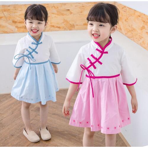 Chinese Style Summer Retro Tang Suit Girls Modern Hanfu Children Cotton&Linen Clothing Fairy Dress Buckle Hanfu Dress SL1166