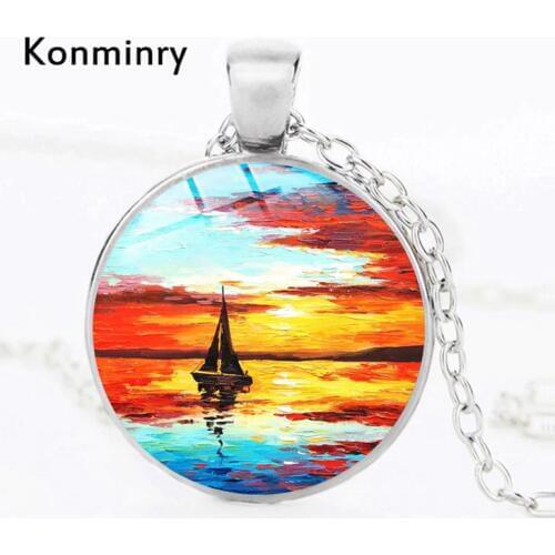 Konminry Classic Sea Beach Scenery Necklace Art Oil Painting Boat Vintage Pictures Glass Pendant Necklace Women Men Gift Jewelry