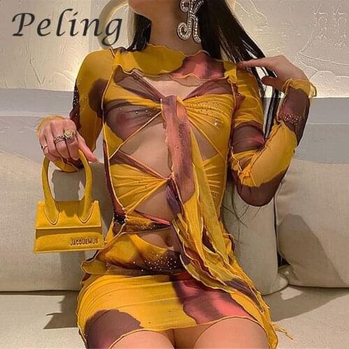 Summer Printed Dress Womens Lace Up Fashion Mesh Sexy Long Sleeve Hollow Out Perspective Screen Bodycon Mini Dresses Vestidos