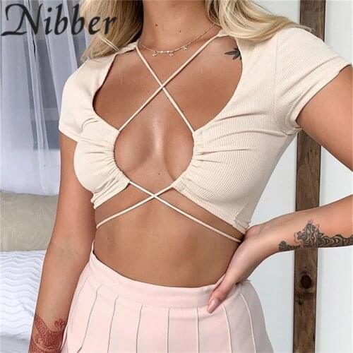 Nibber Sexy Summer Hollow Out Bandage Crop Tops For Women 2021 New Solid Basic Rib Knitted Top Short Sleeve High Streetwear