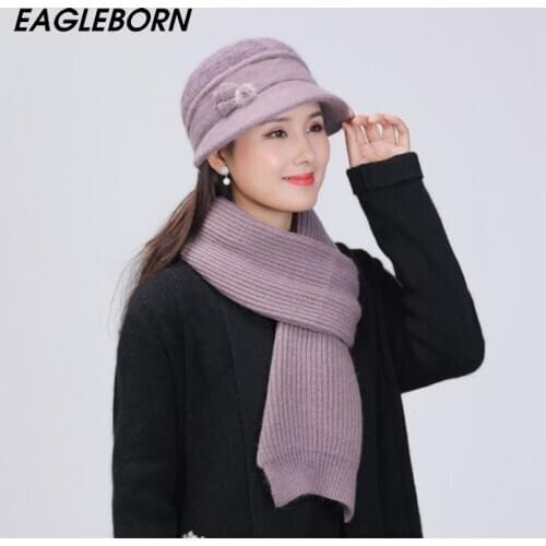New Winter Middle-aged Elderly Hats Women Bucket Hats and Scarf Sets Rabbit Fur Knitted Woolen Caps Grandma Caps Mom Fluff Caps