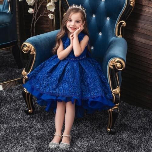 Girl’s Trailing Dress, Lace Embroidered High-Waist Sleeveless Full Skirt with Irregular Hemline, Flower Girl Dress