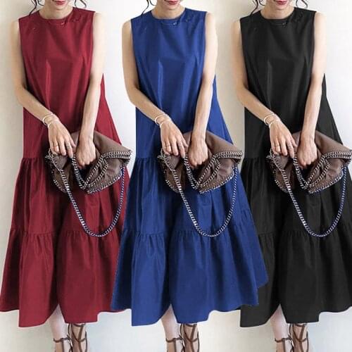 ZANZEA 2021 Summer Dress Elegant Women Sleeveless Solid Ruffles Sundress Casual O Neck Tanks Vestidos Femme Robe Party Sarafans