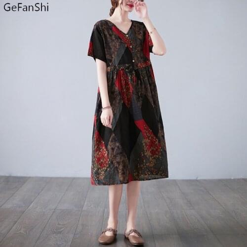 Summer Women Dress Fashion Print V-Neck Belt Waist Vintage Dress Casual Loose Short Sleeve Cotton Linen Elegant Dresses Clothes