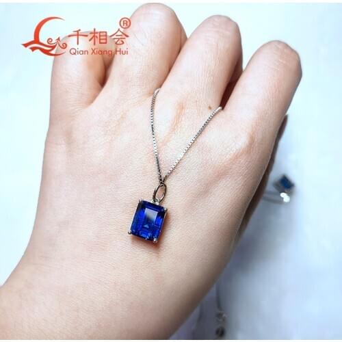 925 silver emerald cut blue color Artificial sapphire 8x10mm with inclusions main stone Jewelry for Pendant Necklace
