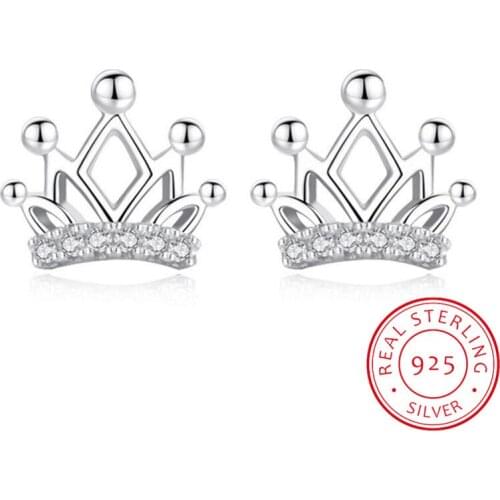 Classic Crystal Crown Princess Girl Silver Stud Earrings Jewelry Charm 925 Silver Earrings Women Wedding Party Accessories
