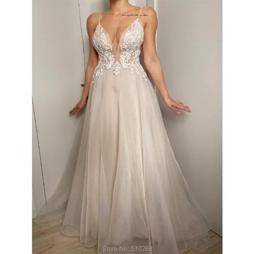A Line Wedding Dress V Neck Low Back Spaghetti Straps Bridal Gown Robe De Mariage Beautiful Crystal Organza Custom Made Vestidos