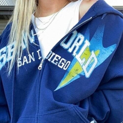 Street park retro Harajuku zipper drawstring clothes letter printing blue white hooded warm sweater top womens couple shirt y2k