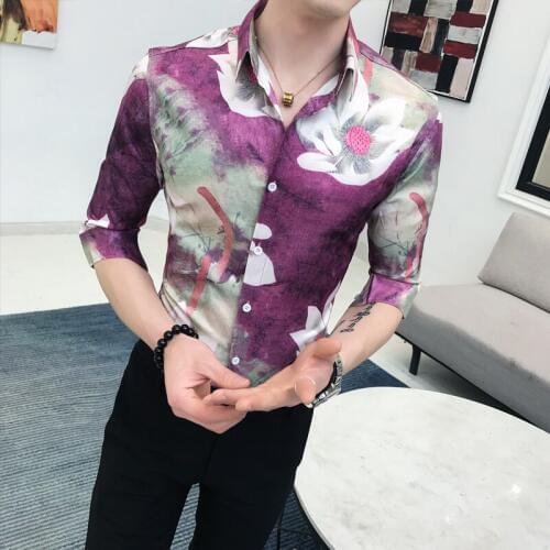 Spring and Summer Short Sleeve Five-Sleeve Shirt Middle Sleeve Shirt Mens Social Style Shirt A236-1940-P55