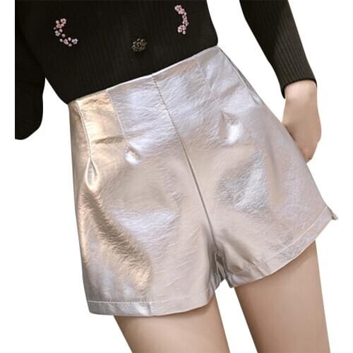 Women Fashion Leather PU Shorts High Waist Wide Leg Laser Silver Black PU Shorts Punk Style Korean Fashion Loose Shorts Bottoms