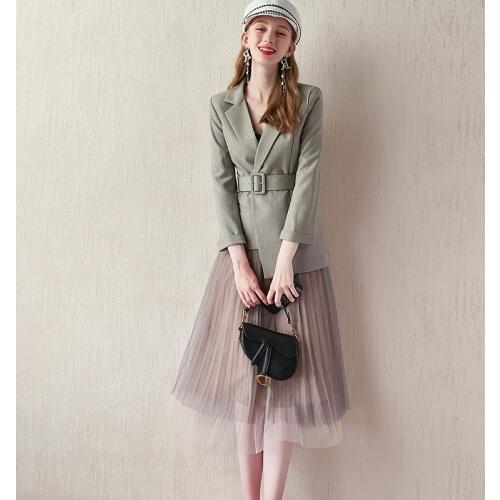 Womens suit spring and autumn new fashion irregular waist suit jacket + elastic waist pleated mesh skirt two-piece suit