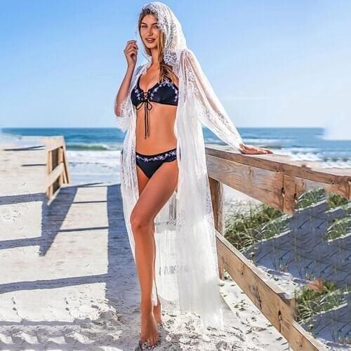 Bathing Suit Cover Ups For Women Girl With Hooded White Lace Lightweight Summer Thin Jacket Bikini Beach Swimsuit Cover Ups Long