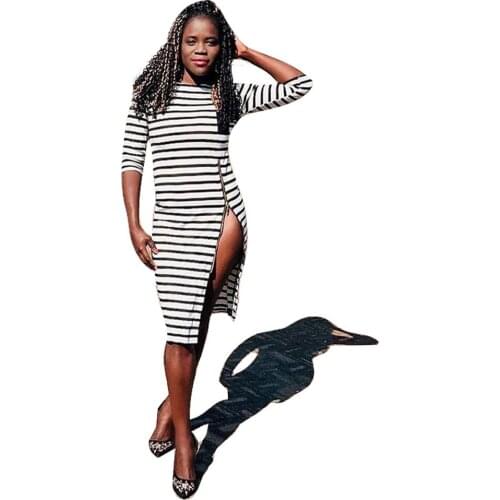 Classic Black White Striped Patchwork Side Zipper Sheath Knee Length Dresses For Women Outfits 90s Top Office Lady French Vintag