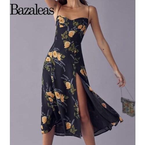 Bazaleas Sexy Yellow Floral Print Navy Vestidos Retro Sleeveless Split Dress Vintage Spaghetti Strap Midi Women Dresses