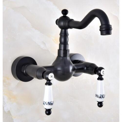 Black Oil Rubbed Bronze Wall Mounted Bathroom Kitchen Sink Faucet Swivel Spout Mixer Tap Dual Ceramics Handles Levers anf859