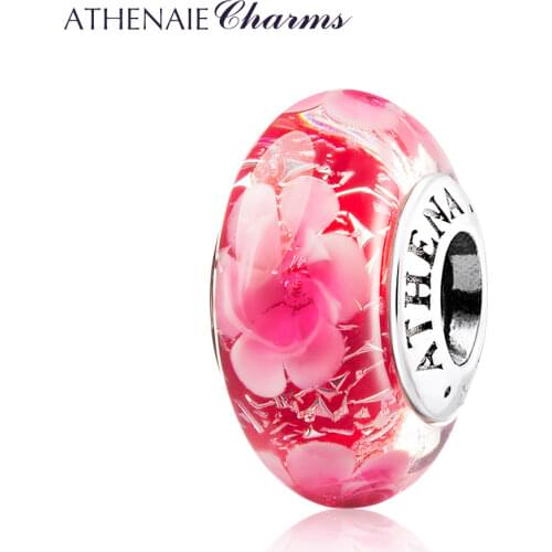 ATHENAIE 925 Sterling Silver Core Pink Flower Shimmer Charms Murano Glass Beads Color Red Fit Charm Bracelets & Necklaces DIY