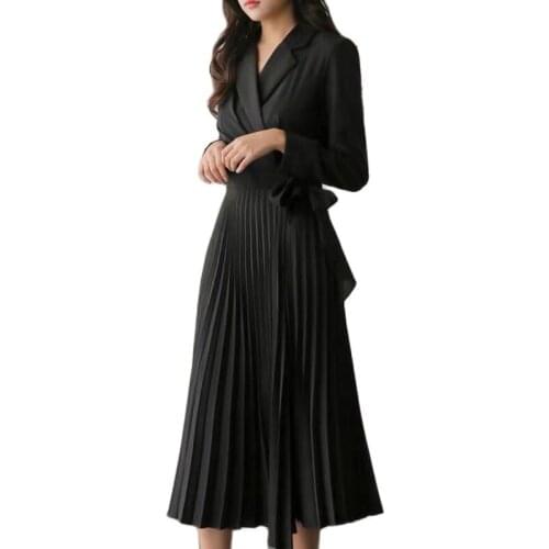 One piece Korea pleated Dress for women winter Logn Sleeve notched Line Sexy Ladies Offfice Loose Blazer Long Maxi Dresses