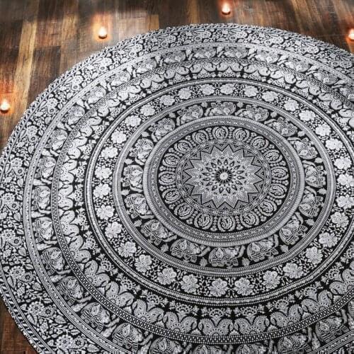 Black and White Elephant Round Tapestry Mandala Roundie Beach Throw Indian Hippie Meditation Yoga Mat Room Decor
