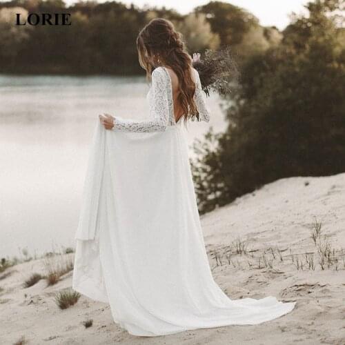 Cocomylody Beach Wedding Dresses Full Sleeve V-Neck Open Back Boho Bridal Gowns Chiffon Princess Party Sweep Train 2021