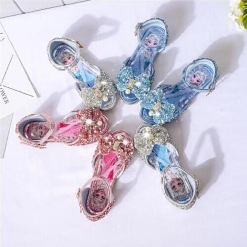 Disney childrens new bow princess sandals frozen sequin crystal shoes Flat bottom anti-skid girls soft bottom performance shoes