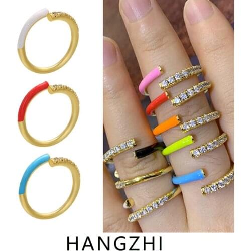 HANGZHI 2021 New Trendy Minimalist Zircon Inlaid Color Rainbow Drip Glaze Rings for Fashion Women Girls Party Cool Jewelry Gifts