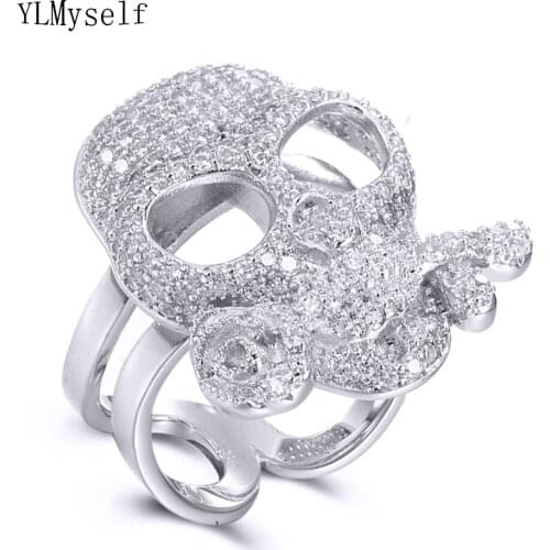 Cute Skull with Rose ring Romantic Gift for Girlfried Special Jewelry Full Crystal Stones Unique CZ Rings