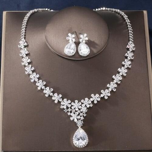 RAKOL Dubai Bridal Flower Shape Cubic Zircon Earrings&Necklace for Women Water Drop Pendant Jewelry Set Shipping Free Brilliant