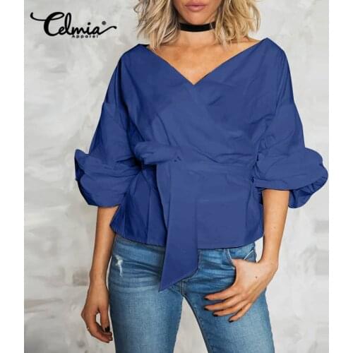 Celmia Plus Size Fashion Women V Neck Sexy Wrap Blouses 2021 New Elegant Puff Sleeve Solid Tunic Tops Casual Loose Belted Blusas