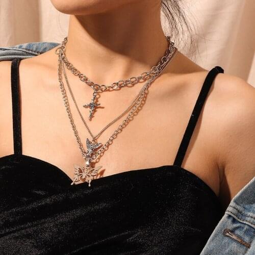Fashion Butterfly Cross Flower Pendant Necklace Women Personality Silver Color Multilayer Clavicle Chain Choker Necklaces