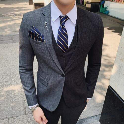 Splice Stripe Blazer Men Slim Fit Party Office Dress Single Button 3pc Mens Suit Jacket Trajes Azul Hombre Smoking Uomo
