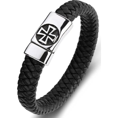 Fashion Braided Leather Cross Bracelet Men Punk Handmade Jewelry Stainless Steel Magnet Clasp Trendy Bangles Male Wristband P077