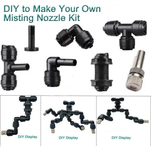 HEMAN 5pcs DIY Misting Nozzle Kit 1/4'' Pipe Tee Elbow Quick Connector End Cap Bulkhead Adapter Aquarium Fittings Top Joints
