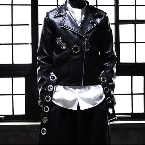 New 2018 Mens slim fashion dj costume slim trend Catwalk Metal Hoop locomotive leather jacket clothing singer costumes