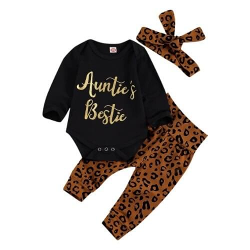 Newborn Baby Girls Clothes Print Outfits Long Sleeve Pullover T-Shirt Tops Leopard Pant Headband Fall Winter Childrens Clothing