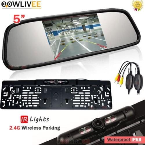 OOWLIVEE 2.4G Wireless Car European License Plate Frame Camera Rear view With 5 Inch Monitor Mirror Night Vision IR Wide Angle