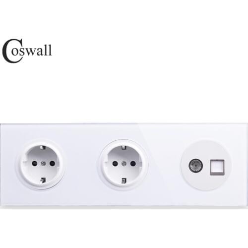 Coswall Tempered Glass Panel 16A Double EU Standard Wall Socket + Female TV Connector With CAT5E RJ45 Computer Jack R11 Series