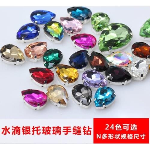 All-size teardrop crystal glass sewing Gem stone flatback sew on rhinestones jewels 4-hole silver base button Garment Decorate