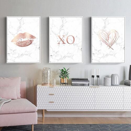 Rose Gold Marble Posters and Prints Scandinavian Love Poster Wall Art Fashion Painting Art Lips Wall Pictures for Living Room