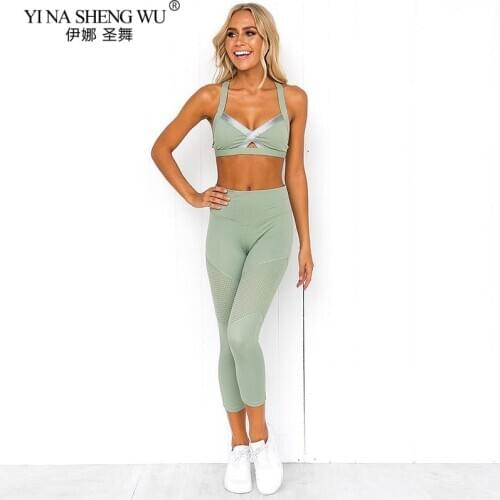Sports Bra Leggings Women Mesh Stitching Clothes Yoga Set Female Fitness Tracksuit Yoga Pants Sexy Tops Slim Sportswear Gym New
