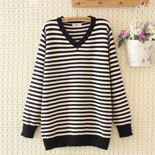 Plus size wool Striped black sky blue women loose V-neck sweaters 2020 new casual ladies pull knitted tops female oversize