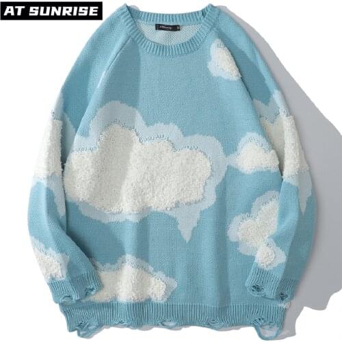 Knitted Sweater Mens Hip Hop Streetwear Harajuku Clouds pattern Casual anime sweater Autumn Winter Cotton oversized Pullover