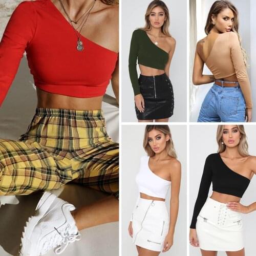 Oblique Shoulder Long-sleeved Crop Tops Elastic Pure Color Casual Women T-shirt Irregular Navel Slim Tees Summer Beach Vacation