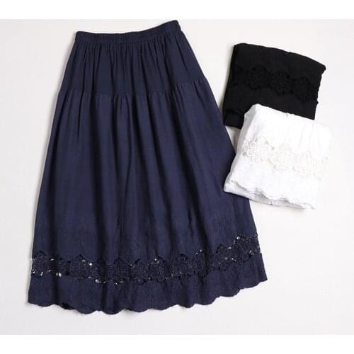 2020 Japan Style Mori girl Cotton Hollow out Skirt Elastic Waist Embroidered Hem Loose Solid Color Skirts Women