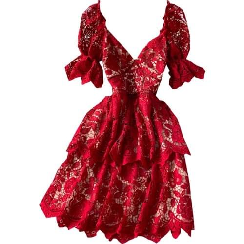 Women Dress Sexy V-Neck Backless Puff Sleeve Mini Dress High Quality Hook flower Hollow Red Dresss Vestidos Mujer Verano2021