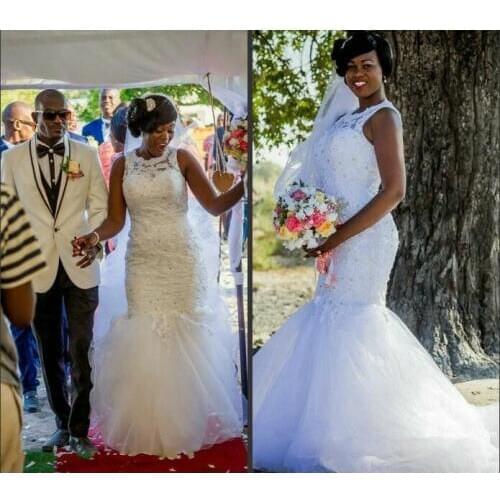 Plus Size Wedding Dresses lace Africa Fashion Vestidos De Novia Beading Pearls Sexy Backless o-neck Bridal Wedding Dress Gowns