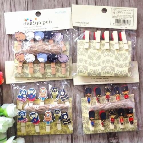 10pcs/Lot Cute Cartoon animals wooden clips with hemp rope Memo Paper Clips Stationery Clothespin Craft Clips Pegs