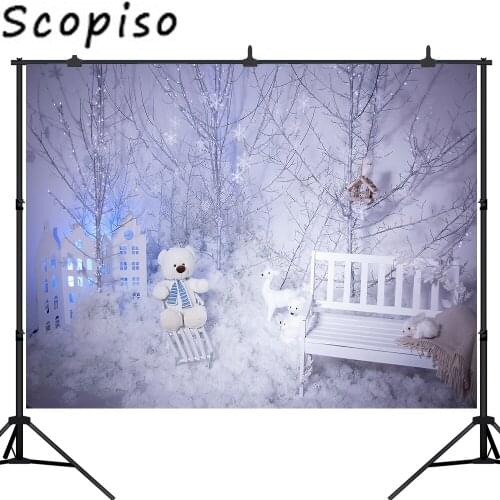 Scopiso Winter Christmas Photography Backdrops Snow tree bear deer Wooden House Dreamy World baby Photo Studio Background