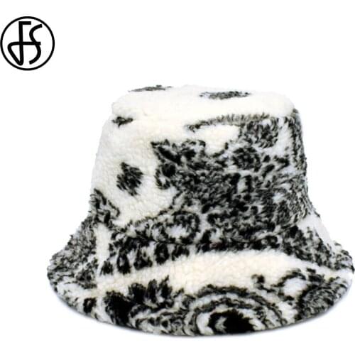 FS 2021 Winter Warm Fisherman Hat Fashion Black White Printing Lambswool Bucket Hats Women Men Thick Outdoor Windproof Plush Cap