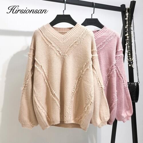 Hirsionsan Soft Winter Autumn Women Sweaters and Pullovers V-neck Casual Cashmere Sweater Female Solid Knitted Loose Jumpers